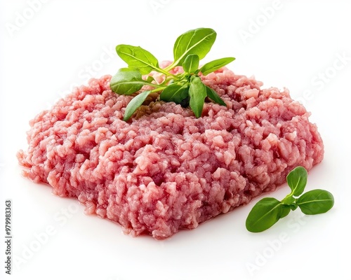 Minced pork with greens on white background