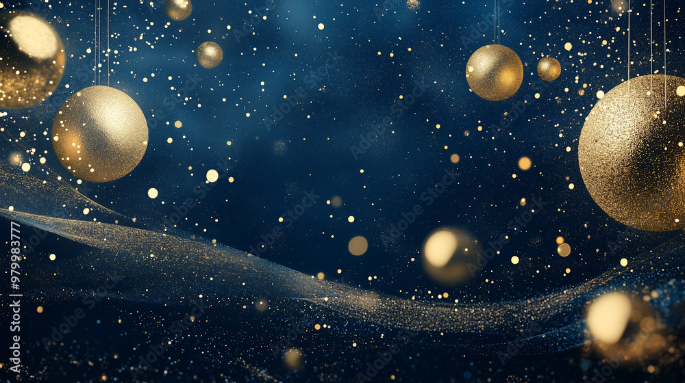 Golden Christmas Ornaments on Sparkling Blue Background with Bokeh Lights