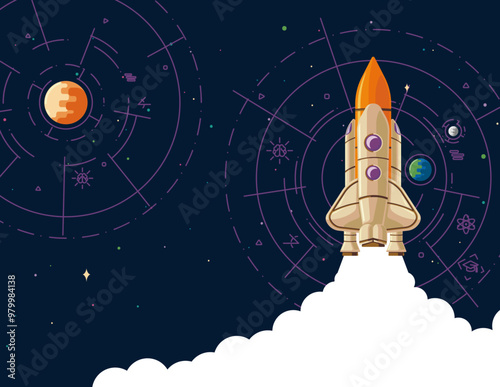 Rocket launch to the Moon. Illustration, planet, stars, paper cut, template with space rocket. Concept business idea, startup, exploration, birthday card, flyers, banners, posters and templates design