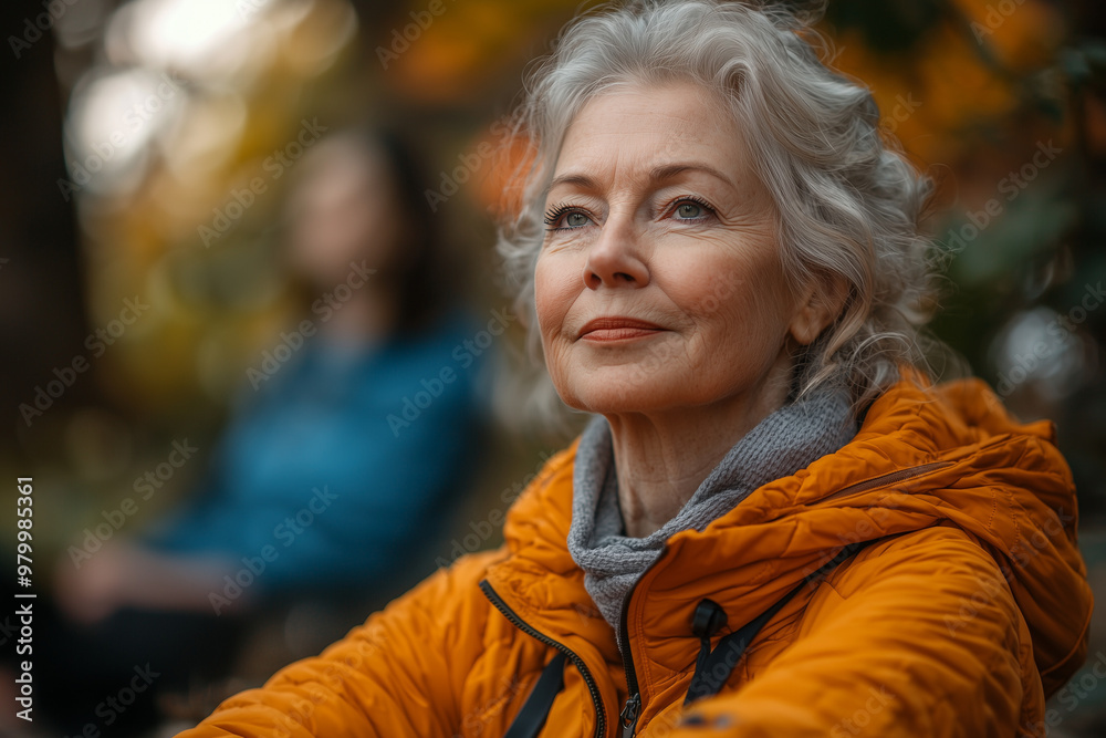 Mature Woman with Gray Hair Smiles in Autumn Forest Mature Woman with Gray Hair Smiles in Autumn Forest