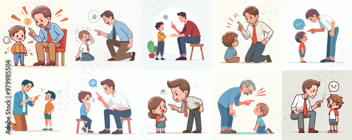 vector set of father scolding his son with a simple flat design style and white background