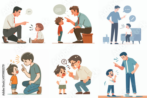 vector set of father scolding his son with a simple flat design style and white background