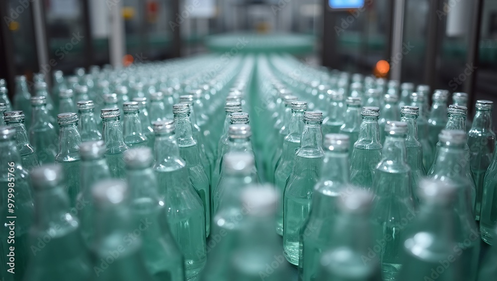 Obraz premium Automated production line with glass bottles on conveyor belt