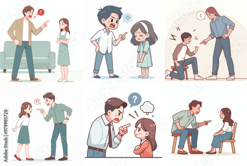 vector set of a guy scolding his girlfriend in a flat design style