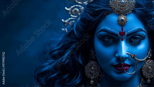 Indian Goddess Kali Maa on dark blue background. Goddess Durga Face. Religious festival of Hinduism Kali puja or Shyama Puja