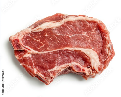 Overhead shot of uncooked pork neck on white background