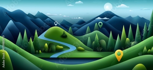 Geolocation services, datadriven navigation in nature, flat design illustration photo
