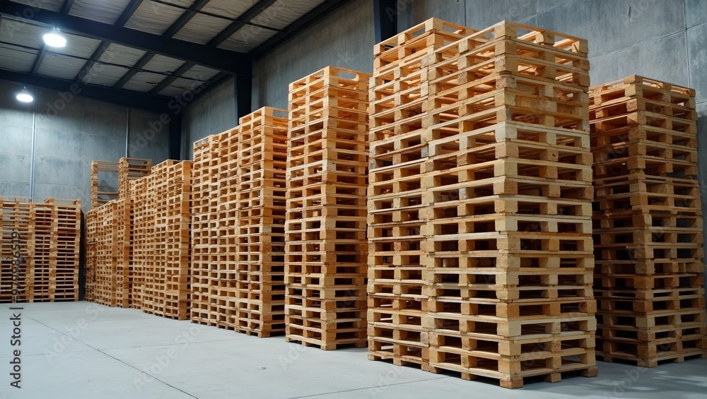 Neat wooden pallets in warehouse corner under bright industrial lights