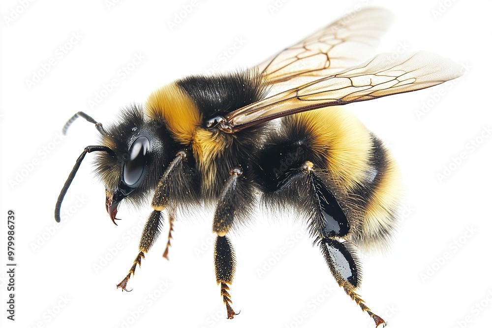 Wild American bumblebee - Bombus pensylvanicus - flying mid air with wings extended. Isolated on white background side profile view.generative ai Wild American bumblebee - Bombus pensylvanicus - flying mid air with wings extended. Isolated on white background side profile view.generative ai