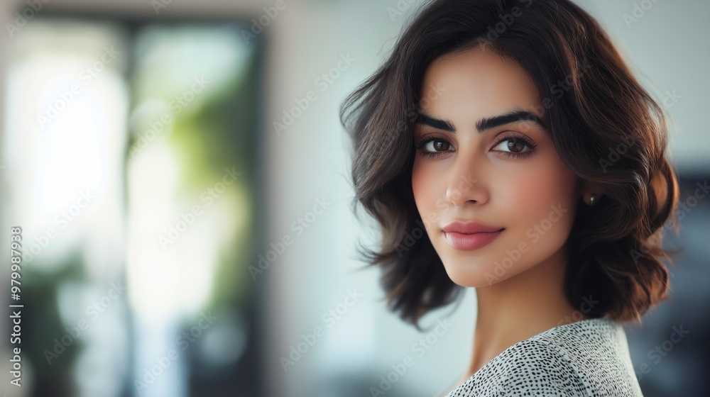 Confident young businesswoman poses in a modern office setting, exuding success and professionalism with her stylish appearance and radiant smile Confident young businesswoman poses in a modern office setting, exuding success and professionalism with her stylish appearance and radiant smile