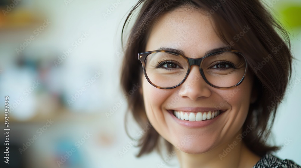 Joyful businesswoman in stylish glasses beams happily in her office, exuding confidence and success. The modern workplace setting reflects a positive and cheerful entrepreneurial spirit Joyful businesswoman in stylish glasses beams happily in her office, exuding confidence and success. The modern workplace setting reflects a positive and cheerful entrepreneurial spirit