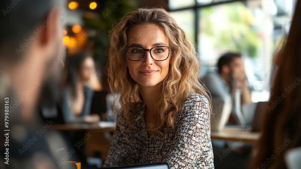 A woman with glasses is sitting at a table in a restaurant. She is smiling and looking at the camera. There are other people in the background, some of whom are sitting at tables A woman with glasses is sitting at a table in a restaurant. She is smiling and looking at the camera. There are other people in the background, some of whom are sitting at tables