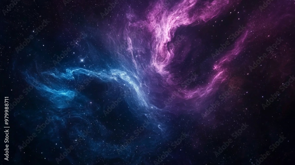 Fototapeta premium Captivating image of vibrant purple and blue nebula swirling in deep space with bright stars twinkling. Evokes wonder and exploration, ideal for space enthusiasts