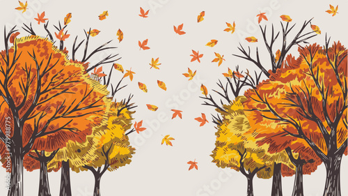 Autumn Trees with Falling Leaves in Vector Style