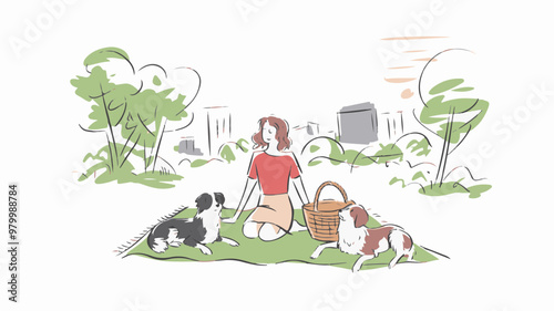 Charming Vector Scene of Picnic with Dogs in Park