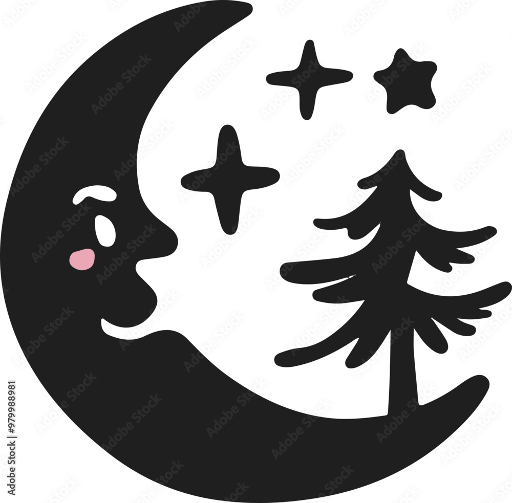 Whimsical Moon Face with Stars and Tree Vector Art Whimsical Moon Face with Stars and Tree Vector Art