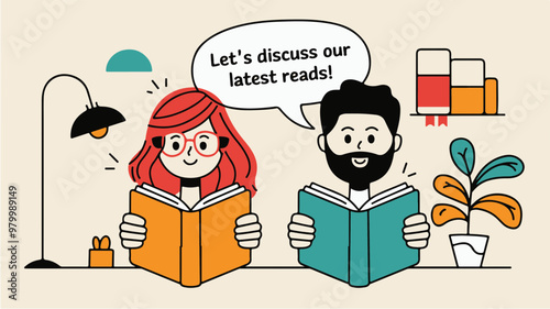 Vector Illustration of Two Friends Discussing Books