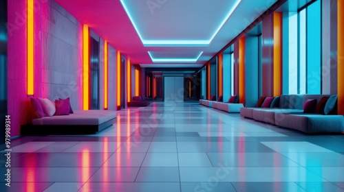 A long hallway with colorful lights and couches in it, AI