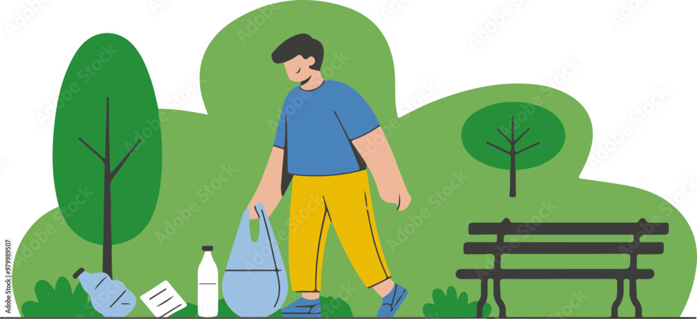 Vector Art of a Man Cleaning Up in a Park Vector Art of a Man Cleaning Up in a Park
