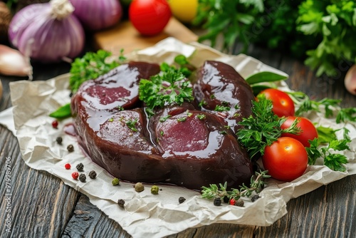 Raw lamb liver with greens and vegetables on old wooden table with crumpled paper