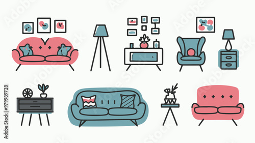 Stylized Living Room Furniture and Decor Illustrations
