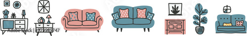 Stylized Living Room Illustrations with Furniture Items