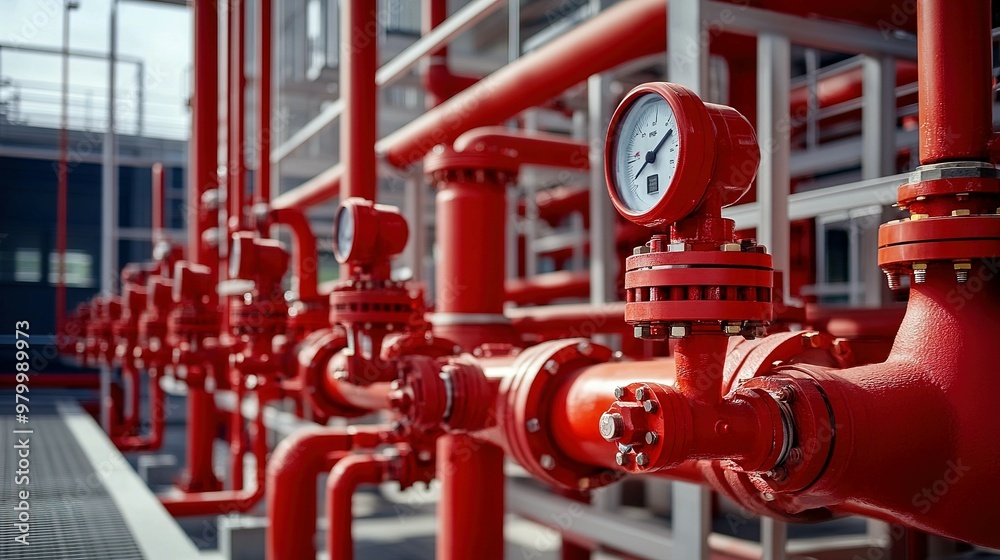 Red Industrial Piping System with Pressure Gauge Red Industrial Piping System with Pressure Gauge