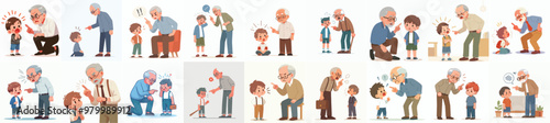 vector set of grandfather scolding his grandson in flat design style, simple and minimalist white background