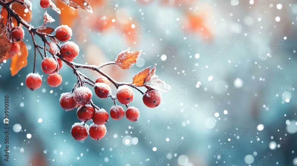 A branch covered in snow and red berries. Concept of stillness and quietness, as the snow covers the branches and the berries are frozen in time