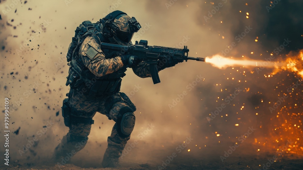 A soldier equipped with a high-tech exosuit fires a weapon while navigating a chaotic environment filled with explosions during a military exercise A soldier equipped with a high-tech exosuit fires a weapon while navigating a chaotic environment filled with explosions during a military exercise