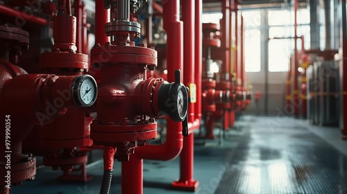 Close-up of a red valve and pressure gauges in an industrial setting.