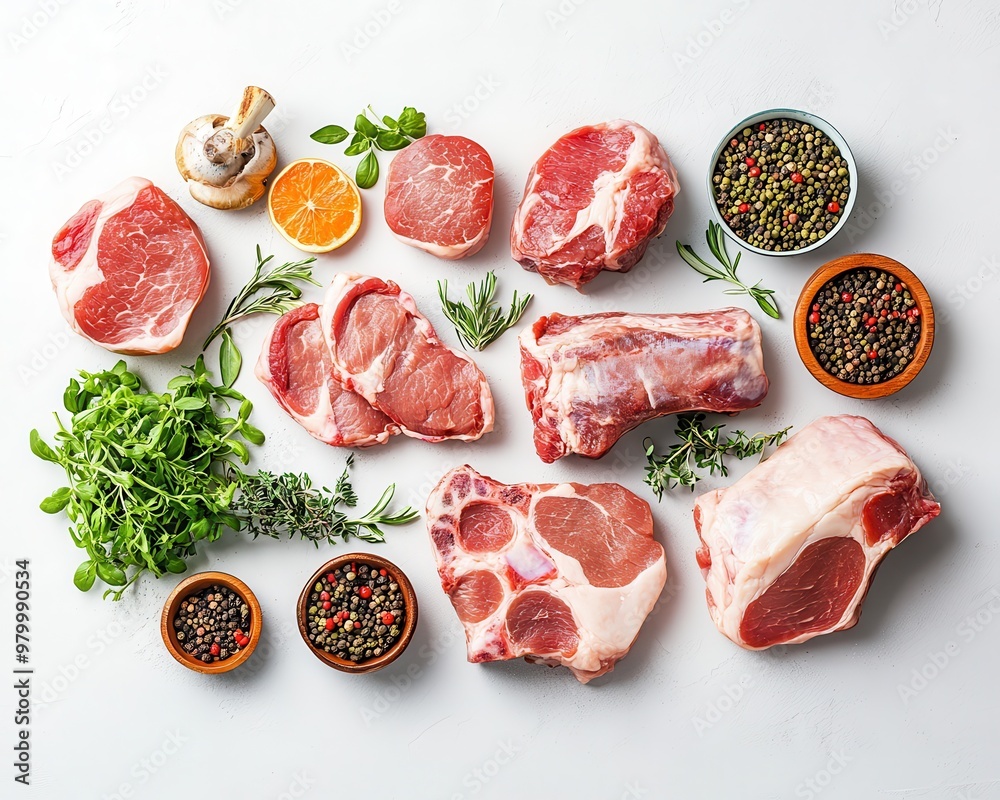 Raw pork meat on grey background gourmet concept Top view flat lay banner Raw pork meat on grey background gourmet concept Top view flat lay banner