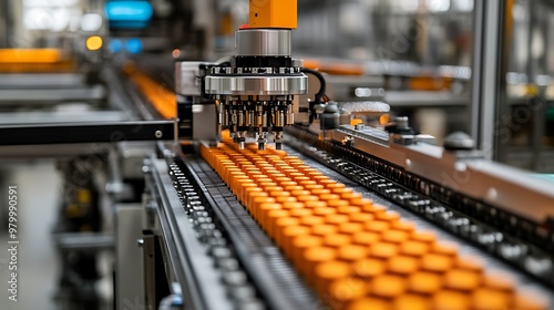 An automated machine inspecting products on a conveyor belt for defects, ensuring consistency and quality control.