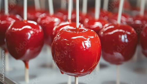 Red caramel candy coated apple available for children photo