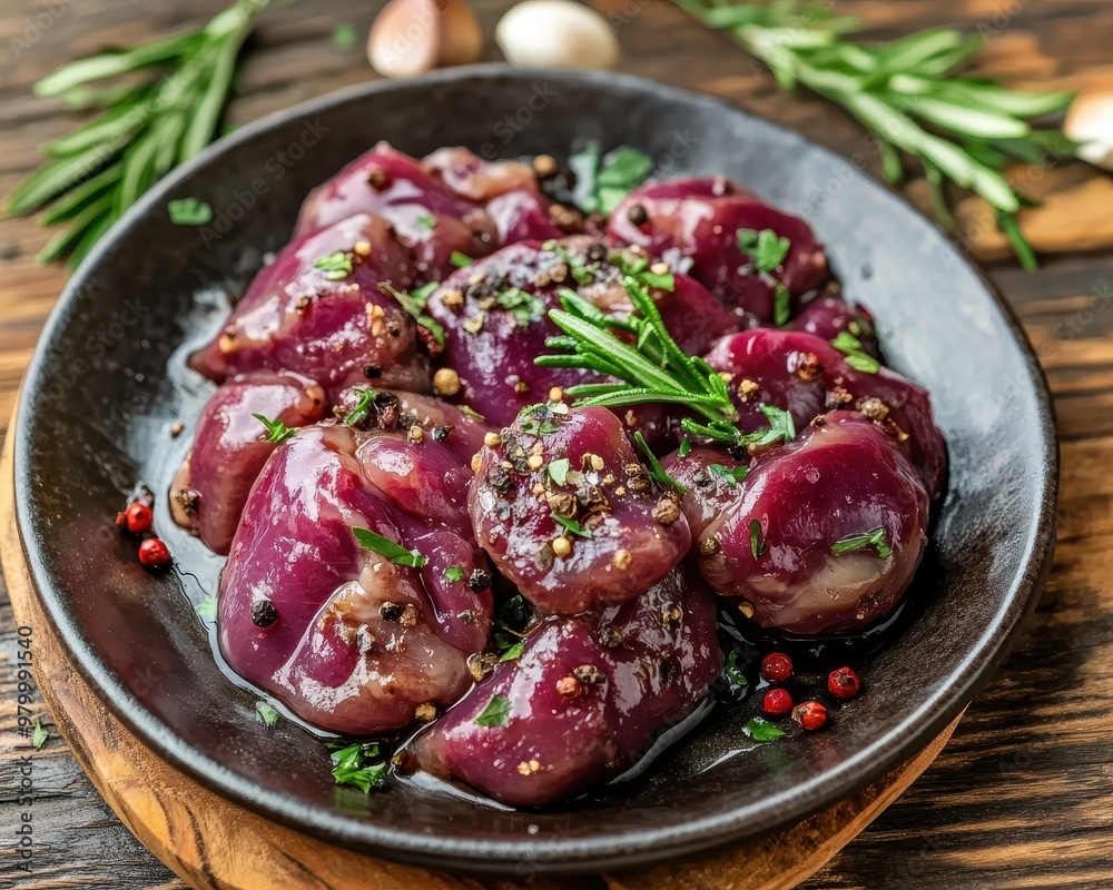 Seasoned fresh pork kidneys on rustic wooden surface for homemade dish Seasoned fresh pork kidneys on rustic wooden surface for homemade dish