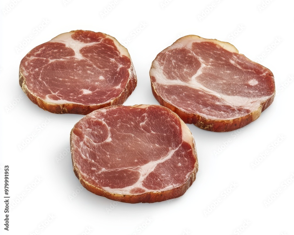 Sliced pork ham arranged on white background Italian cuisine with cut pieces Sliced pork ham arranged on white background Italian cuisine with cut pieces