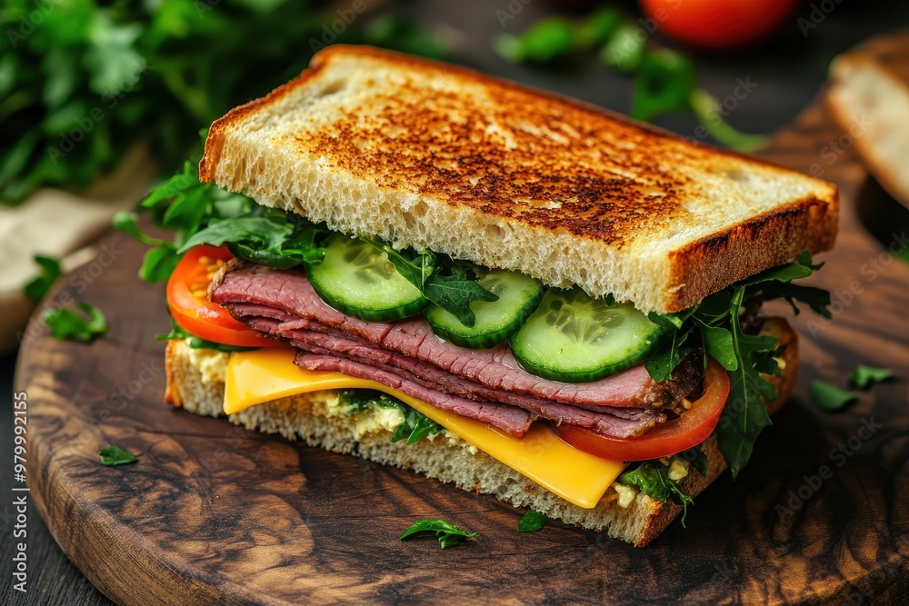 Smoked beef tongue sandwich with American salad cheddar cheese fresh vegetables on wooden board Smoked beef tongue sandwich with American salad cheddar cheese fresh vegetables on wooden board