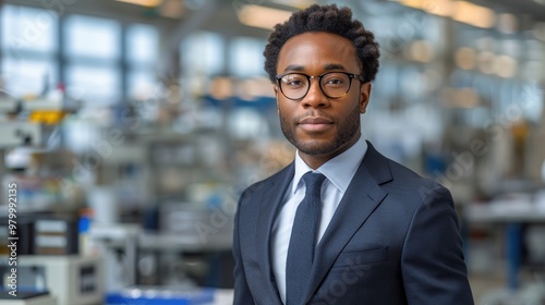 Young professional in suit standing confidently in a modern laboratory setting during daytime