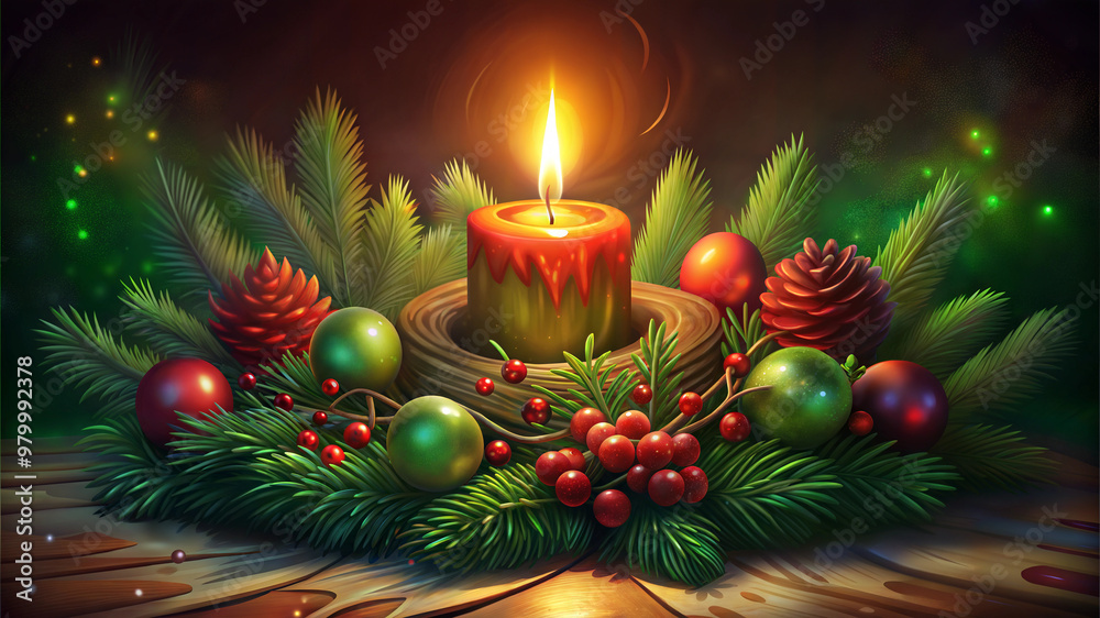 Festive candle centerpiece decorated with pine branches, berries, and ornaments, warm holiday atmosphere, copy space Festive candle centerpiece decorated with pine branches, berries, and ornaments, warm holiday atmosphere, copy space
