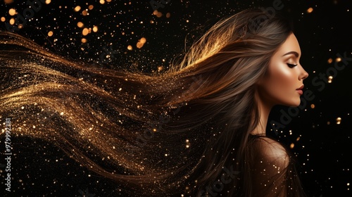 Beautiful woman with long, flowing brown hair, with golden glitter floating around her. Black background. 