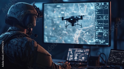 A soldier is focused on a multi-screen setup, controlling a drone amidst digital maps and data, enhancing situational awareness during a nighttime military mission