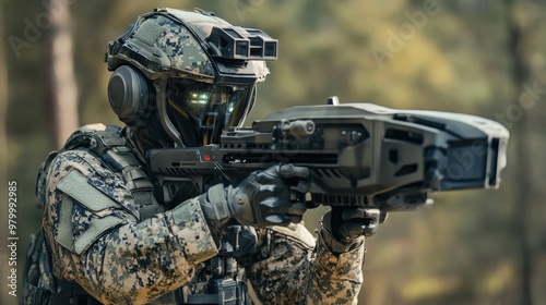 The soldier, clad in camouflage and equipped with high-tech gear, focuses intently while operating advanced military technology in a dense forest environment, showcasing readiness and precision