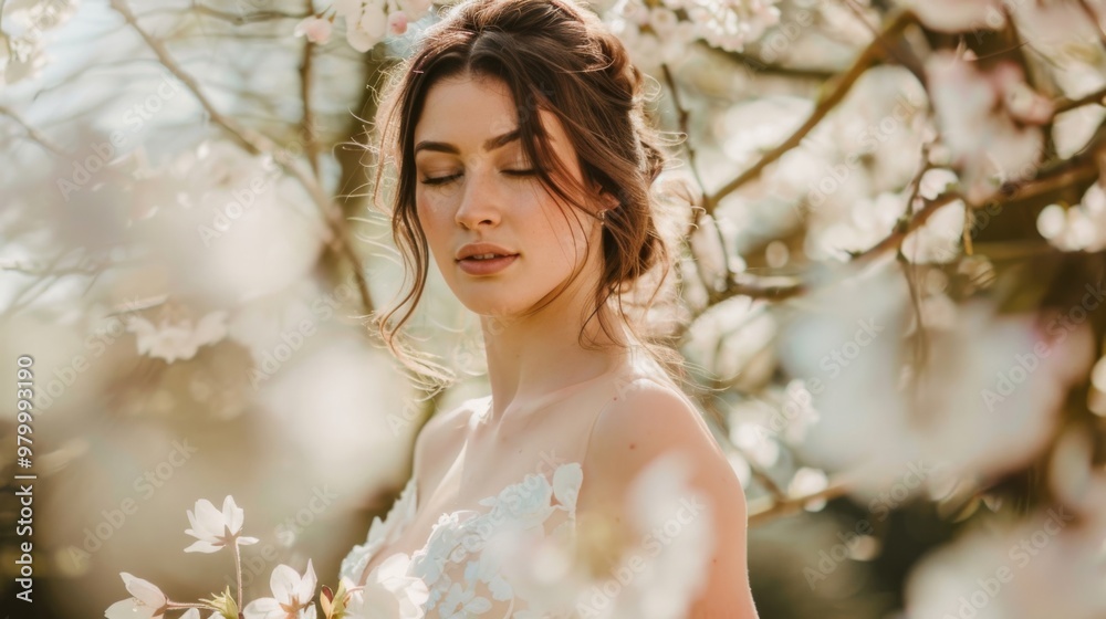 A beautiful bride surrounded by blooming flowers, radiating serene beauty and happiness in a sunlit garden. A beautiful bride surrounded by blooming flowers, radiating serene beauty and happiness in a sunlit garden.