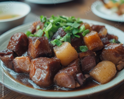 Taking a photo of a plate of braised pork trotters a classic dish from Taiwan