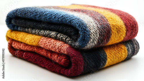  A collection of bright, colorful blankets stacked together, set on a pristine white background.