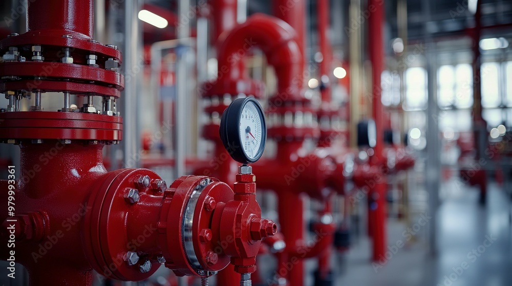 Red Pipe with Pressure Gauge and Flanges in Industrial Setting Red Pipe with Pressure Gauge and Flanges in Industrial Setting