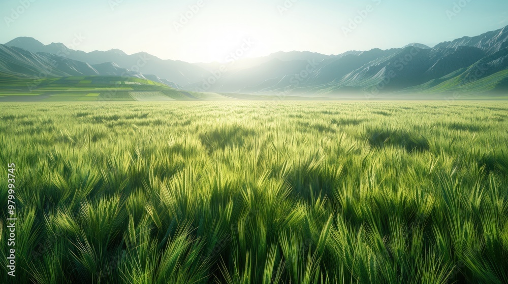 A field of green grass and grain waves in the wind with a mountain range and hazy sun in the background. A field of green grass and grain waves in the wind with a mountain range and hazy sun in the background.