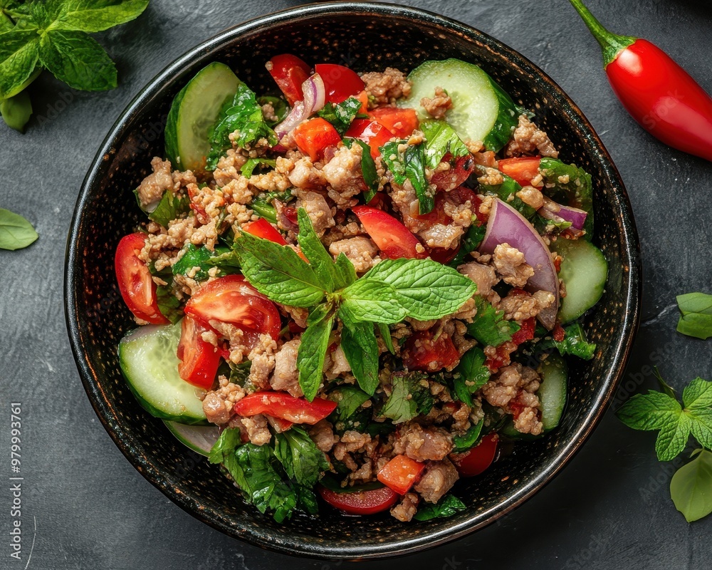 Thai Larb Moo salad from above Thai Larb Moo salad from above