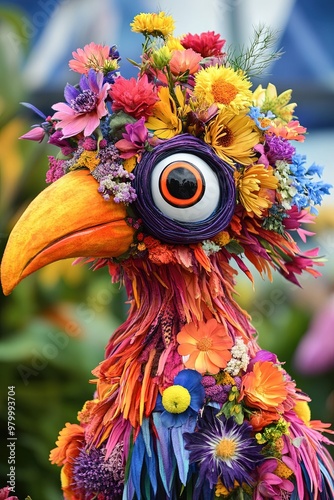 A colorful, whimsical bird with large eyes, a long beak, made entirely of vibrant flowers  photo