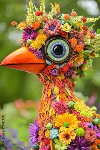 A colorful, whimsical bird with large eyes, a long beak, made entirely of vibrant flowers  photo